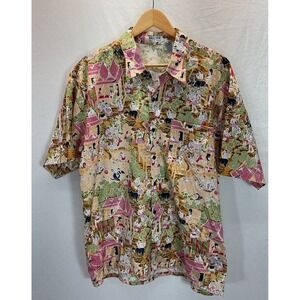 VTG Thai‎ Silk By Apple Asian Oriental AOP Short Sleeve Button Up Shirt US LG